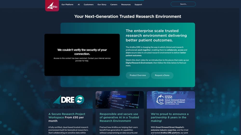 Screenshot of Aridhia website