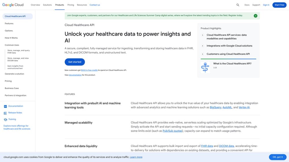 Screenshot of Google Cloud Healthcare API website