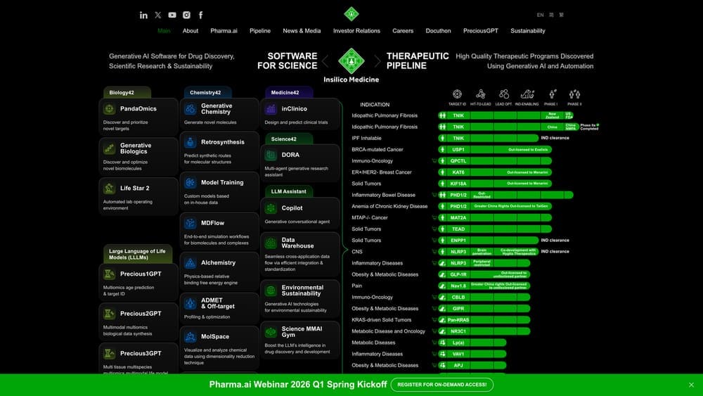 Screenshot of Insilico Medicine Pharma.AI website