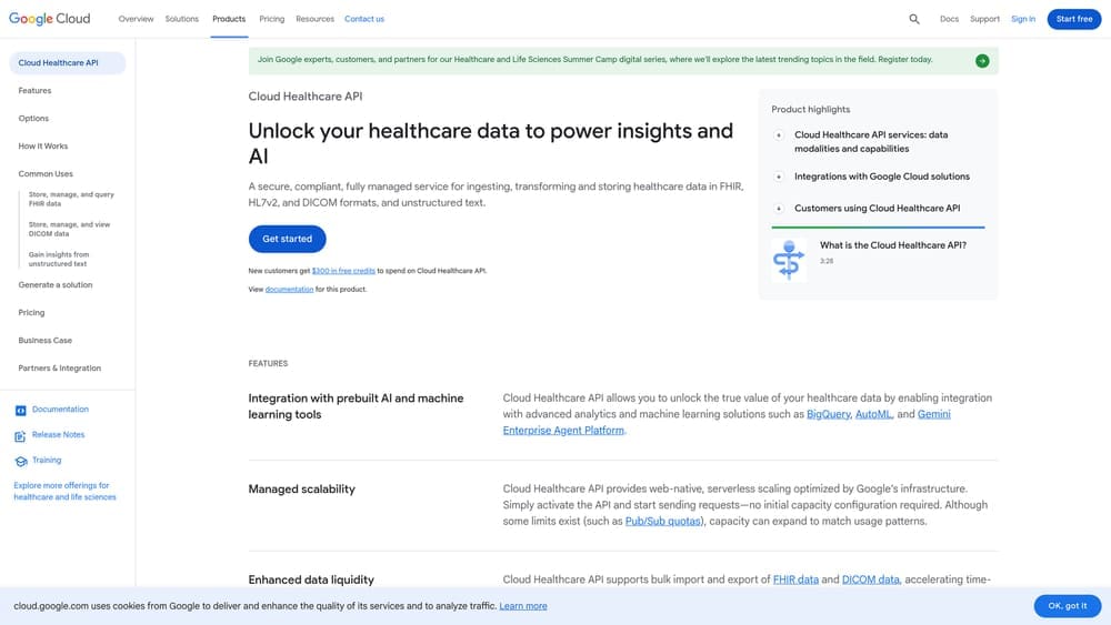 Screenshot of Google Cloud Healthcare API website