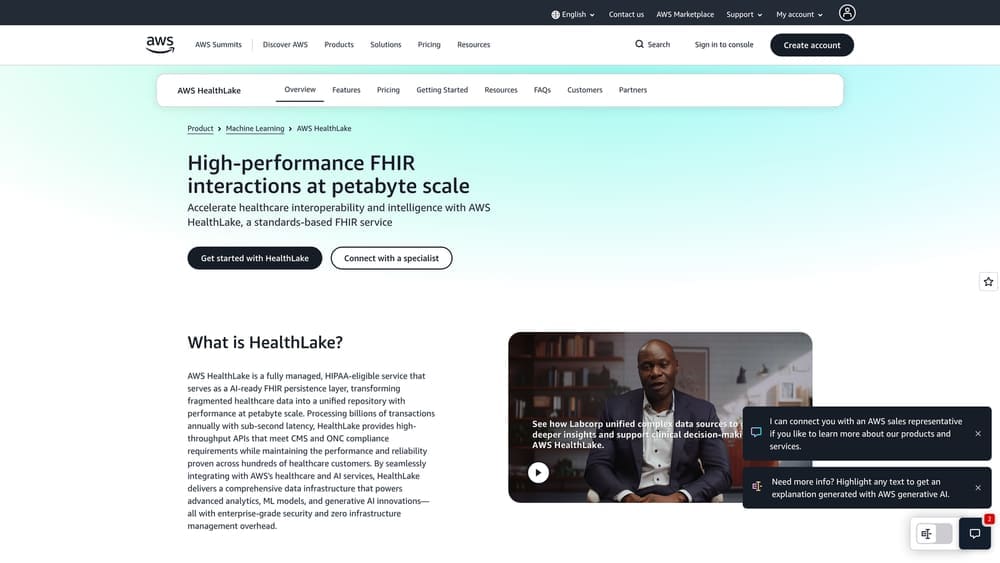 Screenshot of AWS HealthLake website