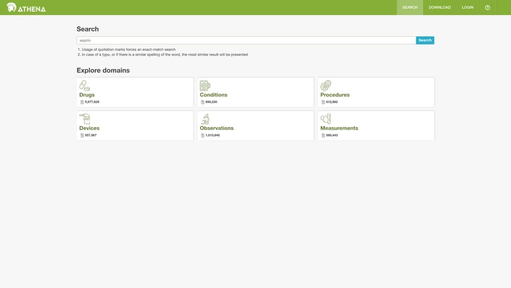 Screenshot of Athena (OHDSI Vocabulary Service) website