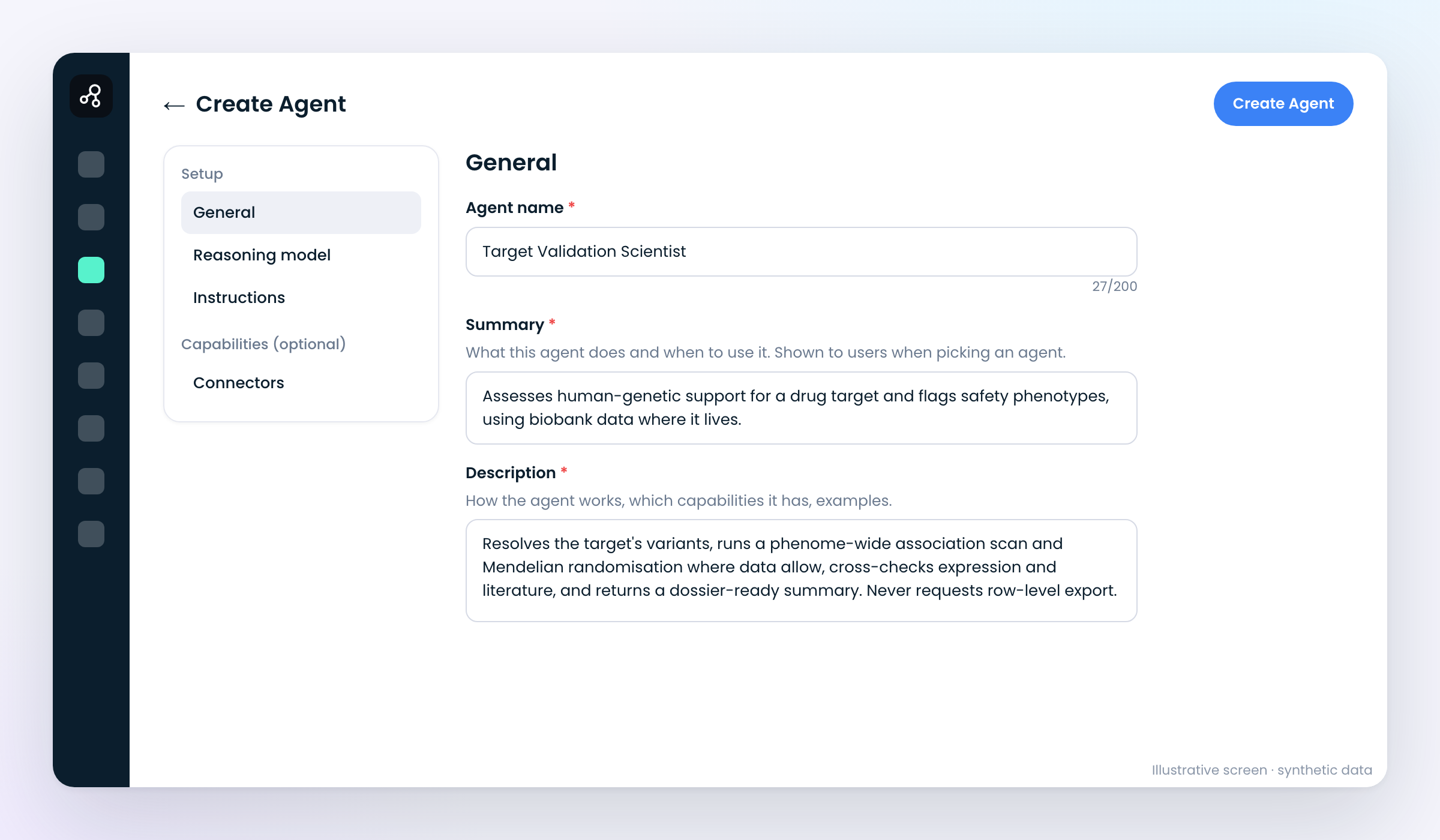 AI Scientist Studio: build-agent-general (illustrative screen, synthetic data)