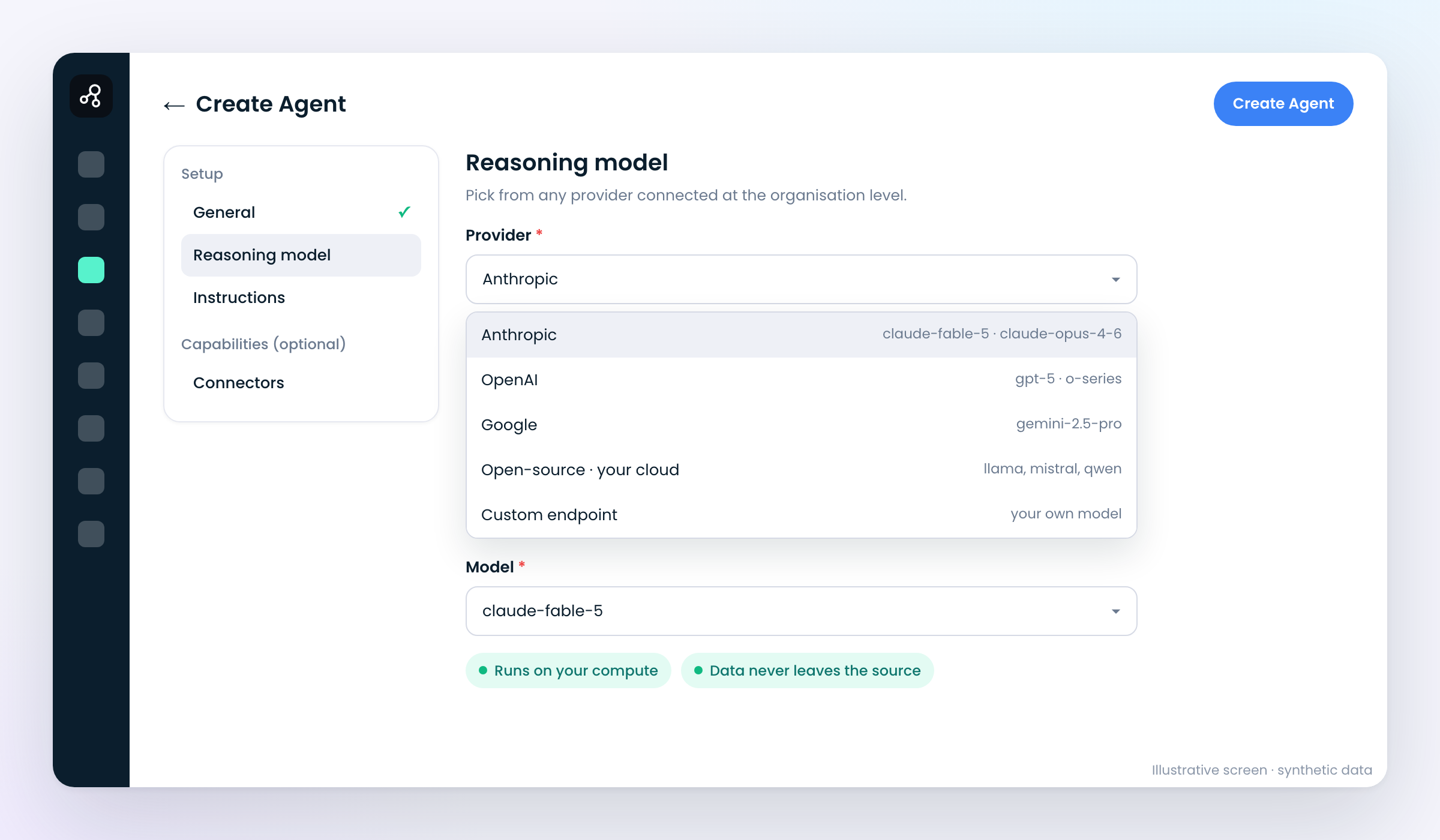 AI Scientist Studio: build-agent-model (illustrative screen, synthetic data)